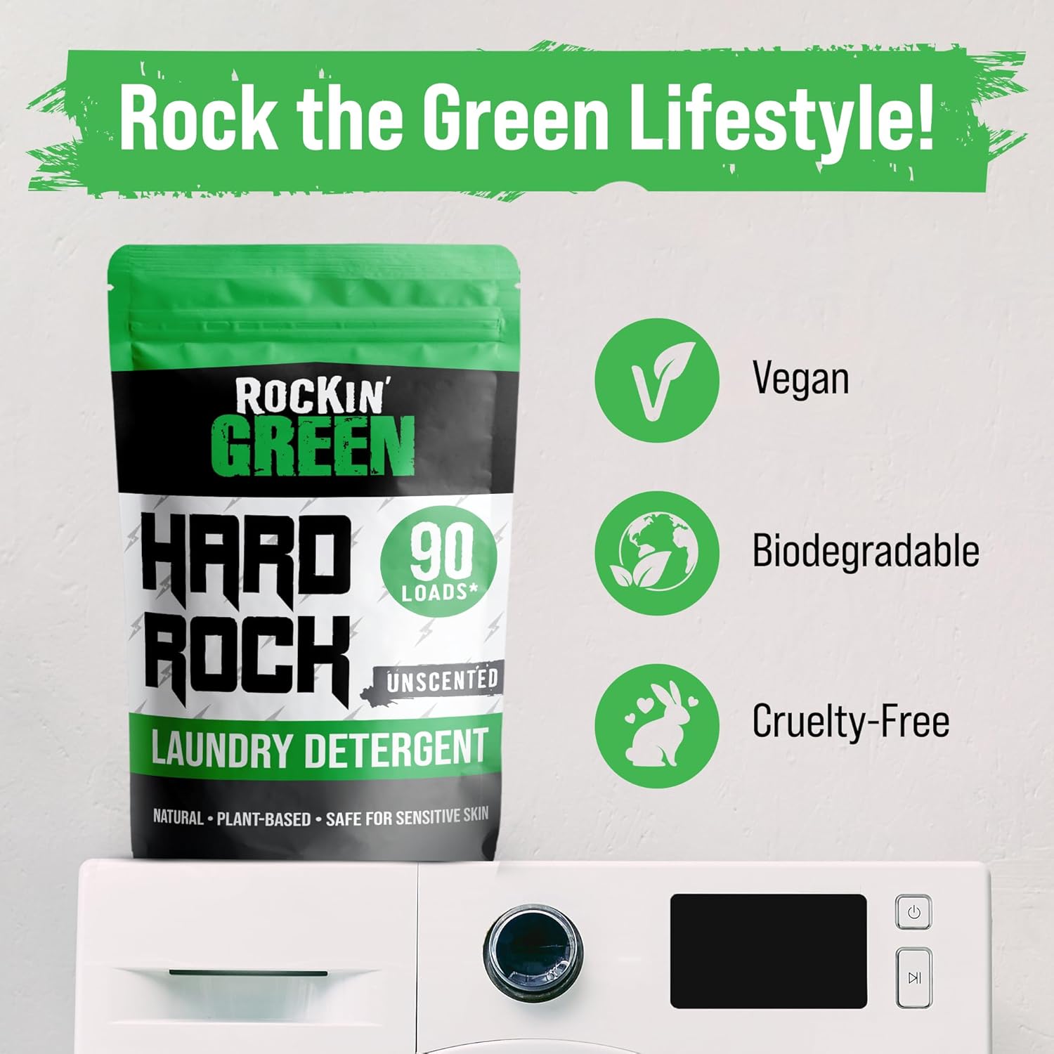 Rockin Greens Hard Rock Laundry Detergent is vegan, biodegradable, cruelty-free with Rock the Green Lifestyle.