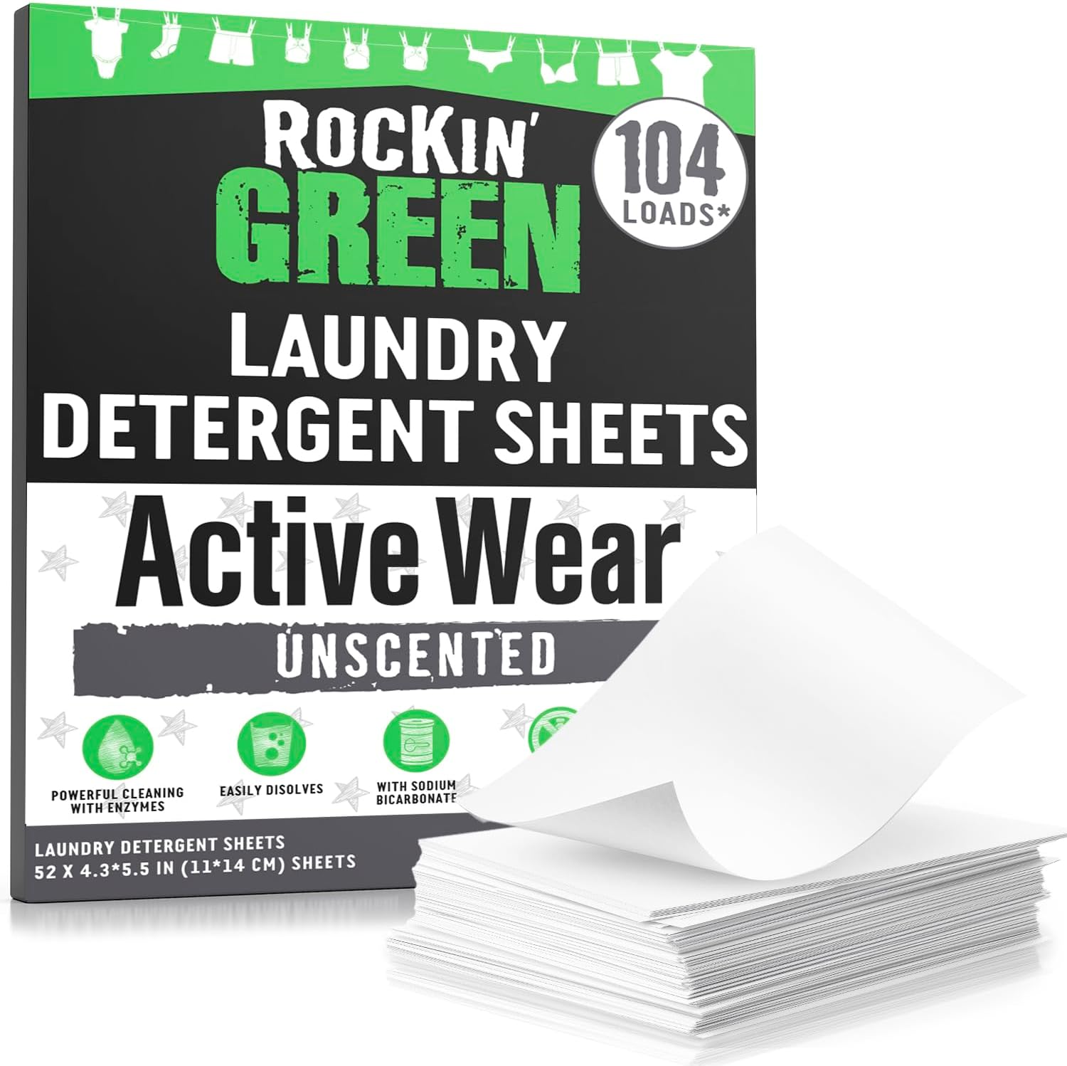 Rockin Green Active Wear Laundry Detergent Sheets—box with a stack of unscented white sheets.