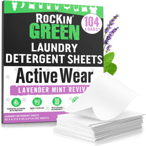 Box of Rockin Green Travel Laundry Detergent Sheets Unscented, with a stack of white plant-based sheets.