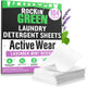 Box of Rockin Green Travel Laundry Detergent Sheets Unscented, with a stack of white plant-based sheets.