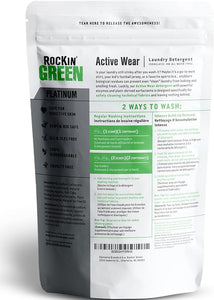 Rockin Green Active Wear Detergent, Freshwood scent, Platinum Series in a 45 oz pouch.