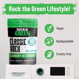 AC/DSea Breeze detergent by Rockin Green on washer flaunting eco-icons: vegan, biodegradable, cruelty-free.