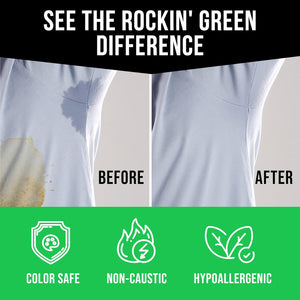 Shirt with a stain on one side; clean on the other using Rockin Greens Activewear Stain Remover - 4 Oz.