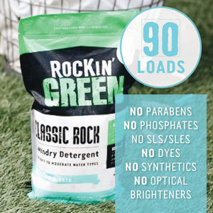 Bag of Rockin Green Classic Rock Laundry Detergent - AC/DSea Breeze for 90 loads, free from additives.