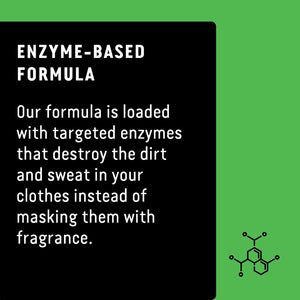 Green background with text on Rockin Greens enzyme, plant-based Classic Rock Laundry Detergent, with a molecule icon.