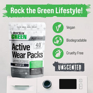 Rockin Greens Active Wear Laundry Detergent PODs are vegan, biodegradable, and eco-friendly on a washer.