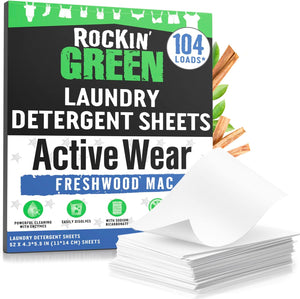 Rockin Green Travel Laundry Detergent Sheets Unscented box with white sheets stacked in front.