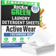 Rockin Green Travel Laundry Detergent Sheets Unscented box with white sheets stacked in front.