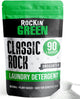 Rockin Greens Classic Rock Unscented Laundry Detergent, hypoallergenic and green, offers 90 loads.