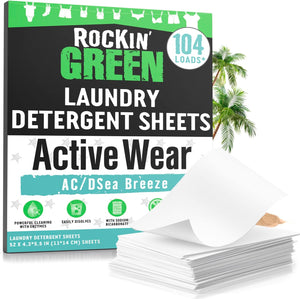 Rockin Green Travel Laundry Detergent Sheets Unscented—eco-friendly sheets with a palm tree behind.