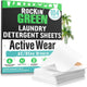 Rockin Green Travel Laundry Detergent Sheets Unscented—eco-friendly sheets with a palm tree behind.