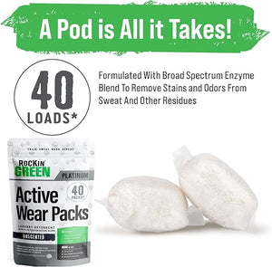 Rockin Greens eco-friendly Active Wear Laundry Detergent PODs for 40 loads.