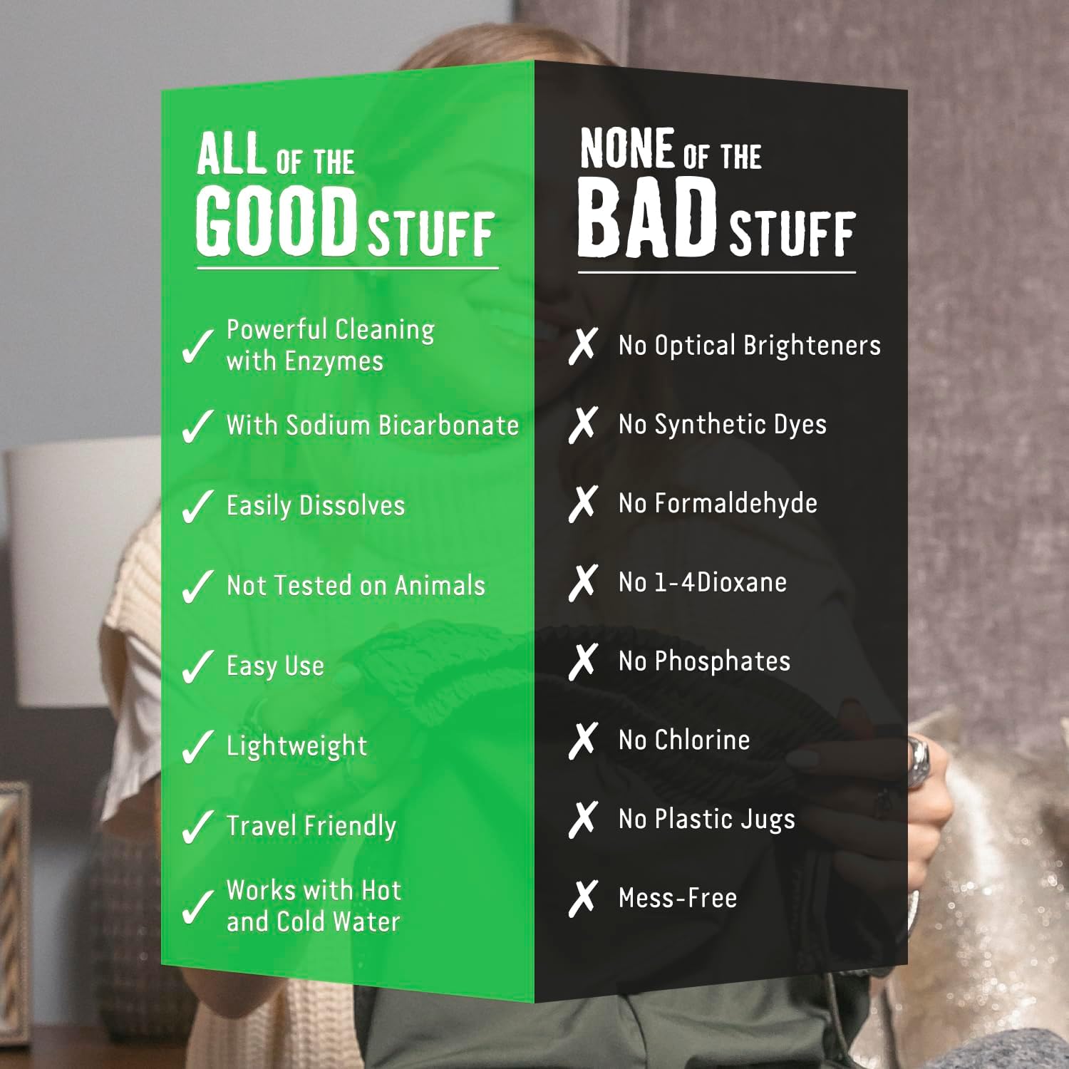 Split sign lists Active Wear Sheet pros (green) and cons avoided (black), person behind, Rockin Green.