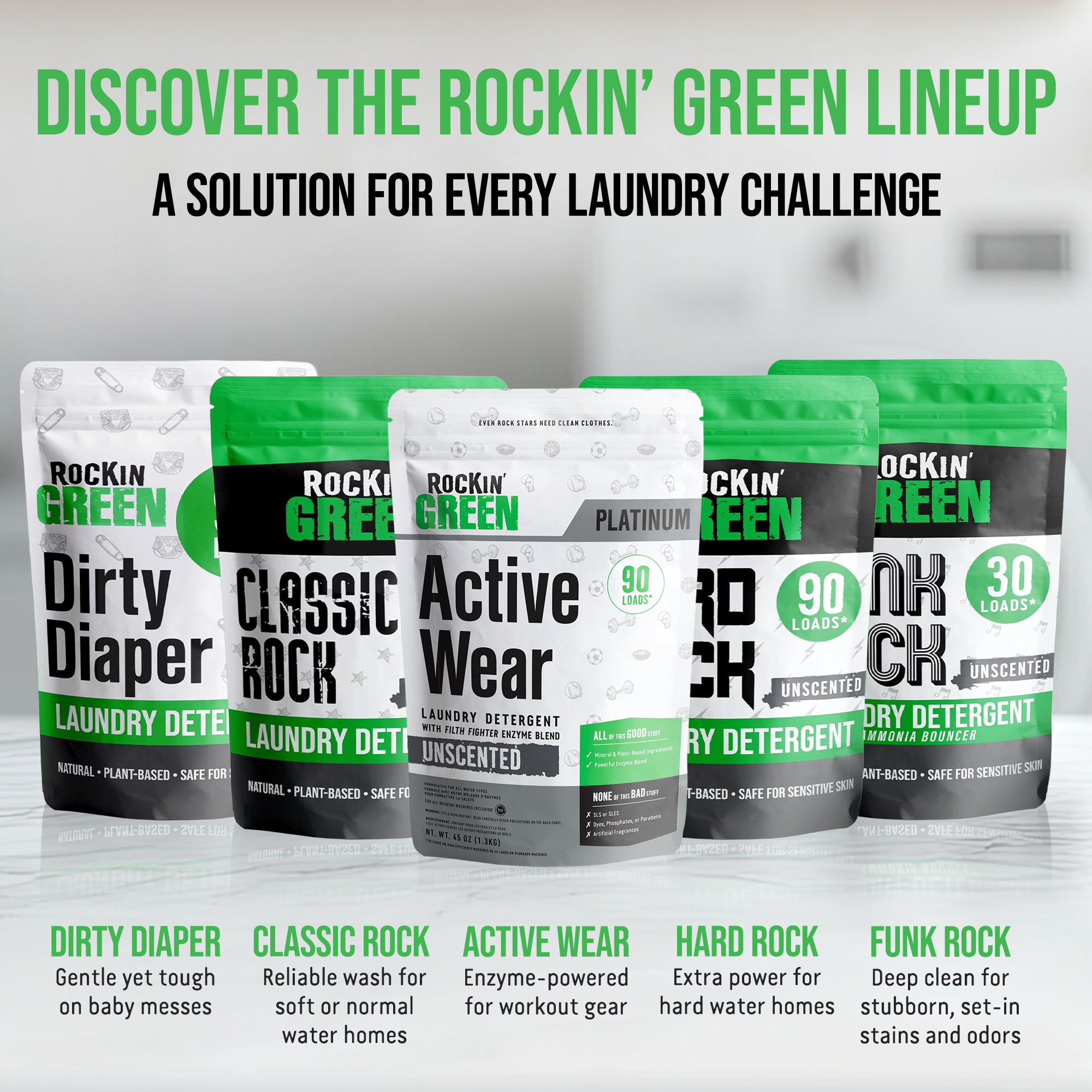 Five Laundry Detergent Active Wear Unscented (90 Loads) bags on a counter, green/black/white packs.