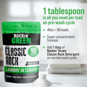 Rockin Greens Classic Rock Unscented detergent pouch, stain remover with instructions & white towels.