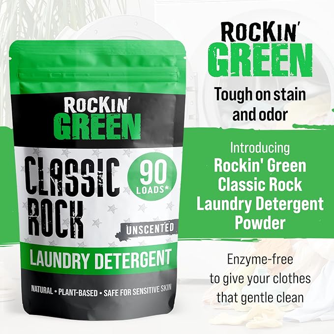Green bag, Rockin Green Classic Rock Detergent, 90 loads, unscented and hypoallergenic stain eliminator.