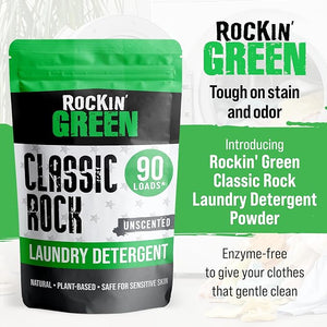 Green bag, Rockin Green Classic Rock Detergent, 90 loads, unscented and hypoallergenic stain eliminator.