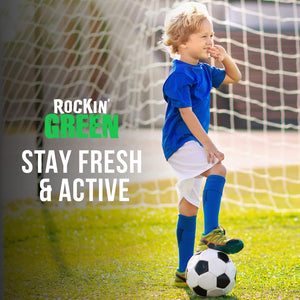 Child in blue soccer uniform by goalpost with a soccer ball. Text: Rockin Green Activewear Stain Remover Fresh.