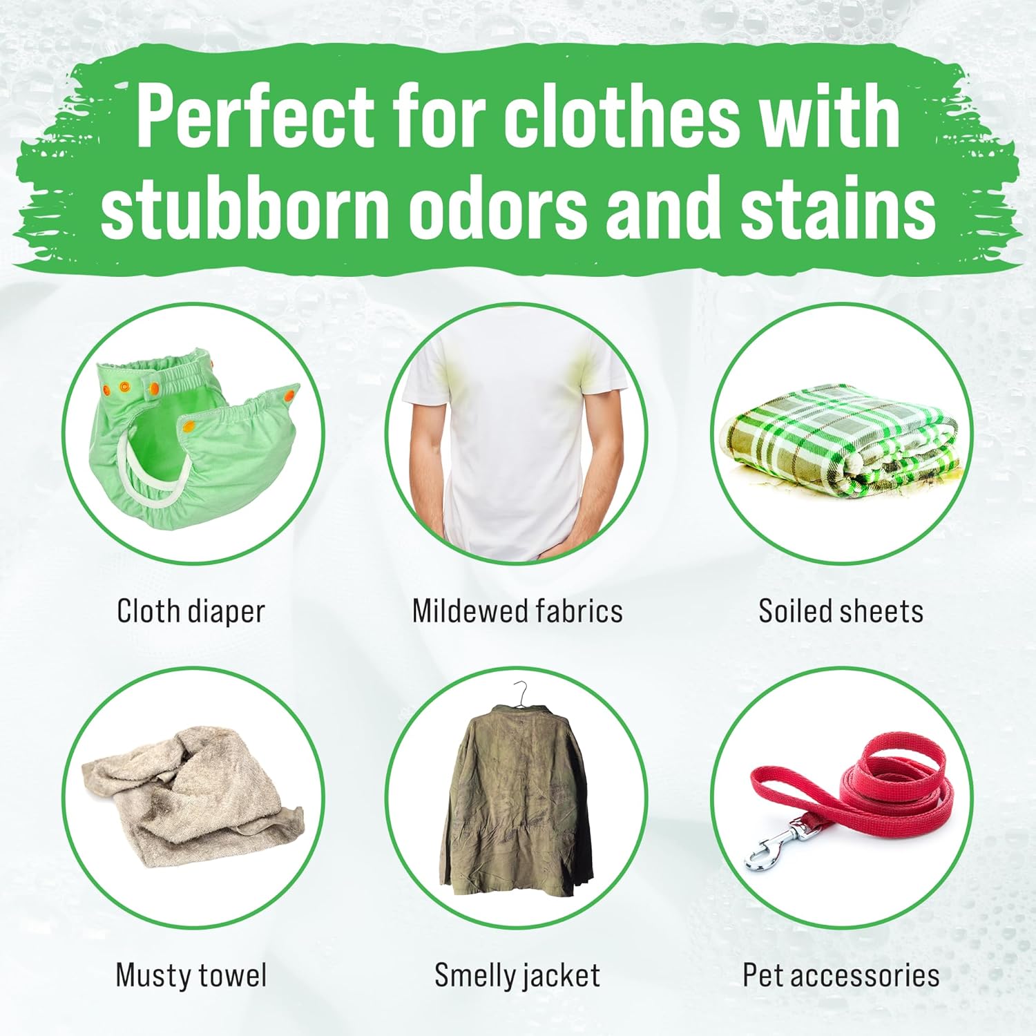 Infographic: Rockin Greens plant-powered products tackle odors or stains on fabrics, sheets, towels, jackets.