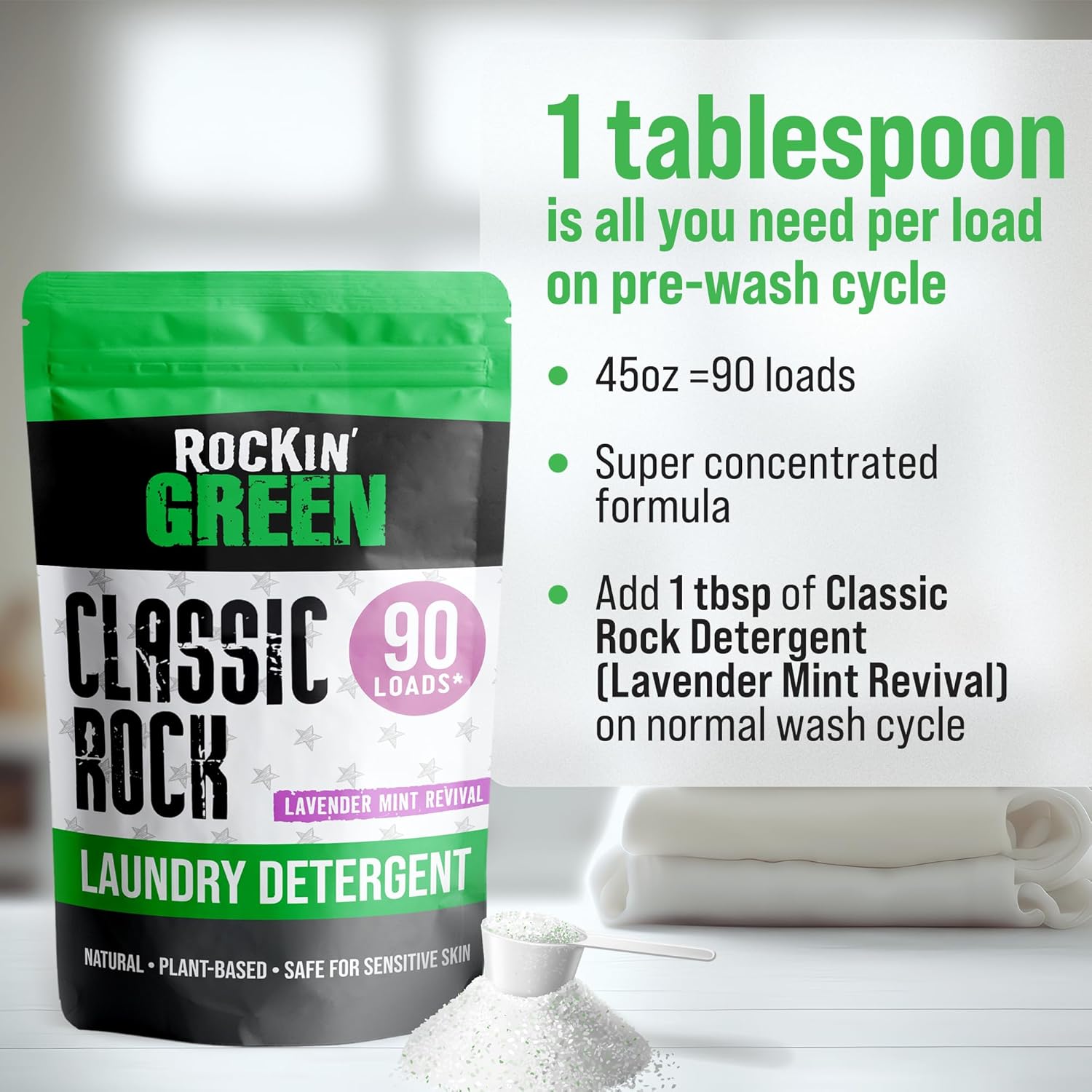 Rockin Greens Classic Rock Lavender Mint detergent is biodegradable, non-toxic, with usage instructions.