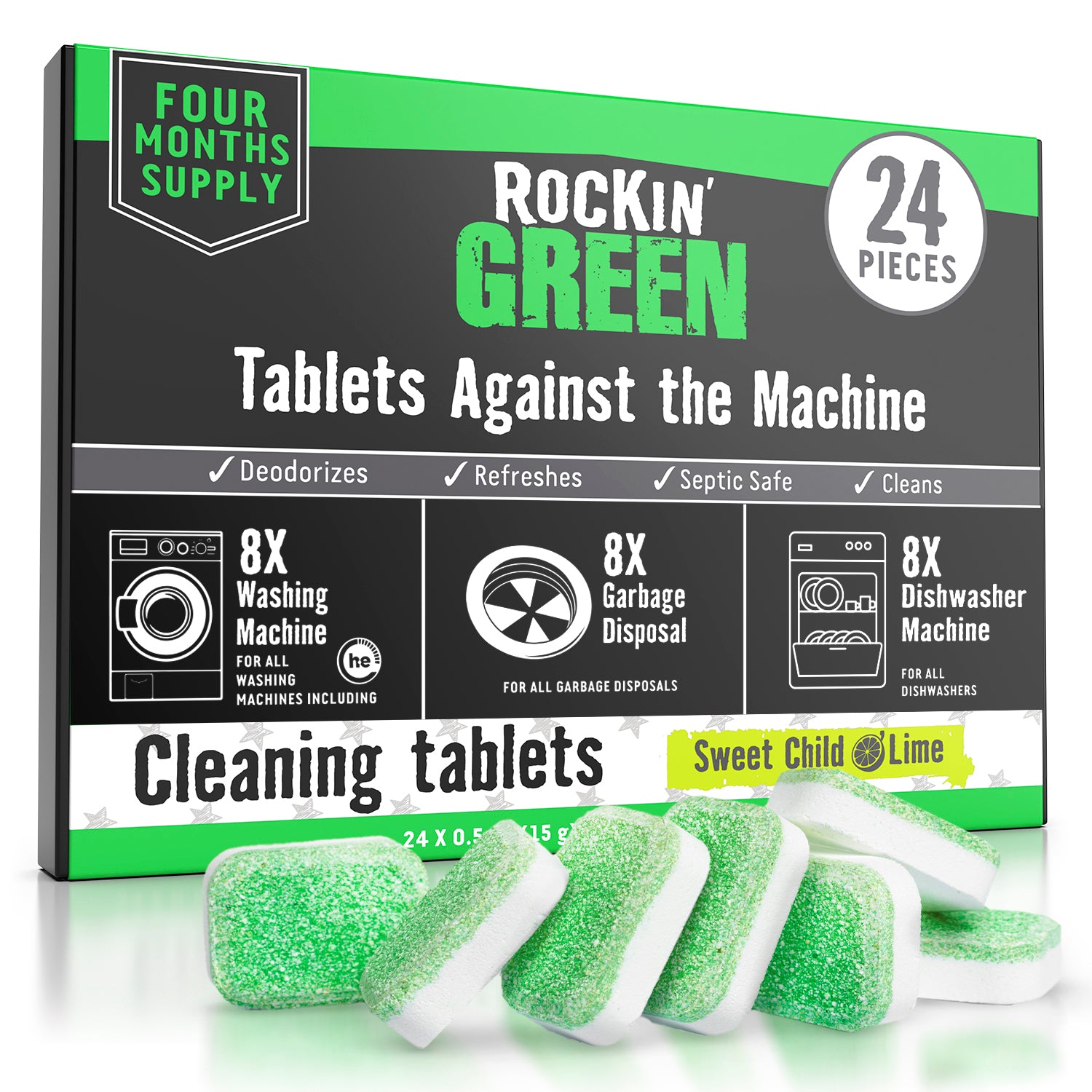 Box of Rockin Greens 24-pack cleaning tablets for washing machines, dishwashers, and garbage disposals.