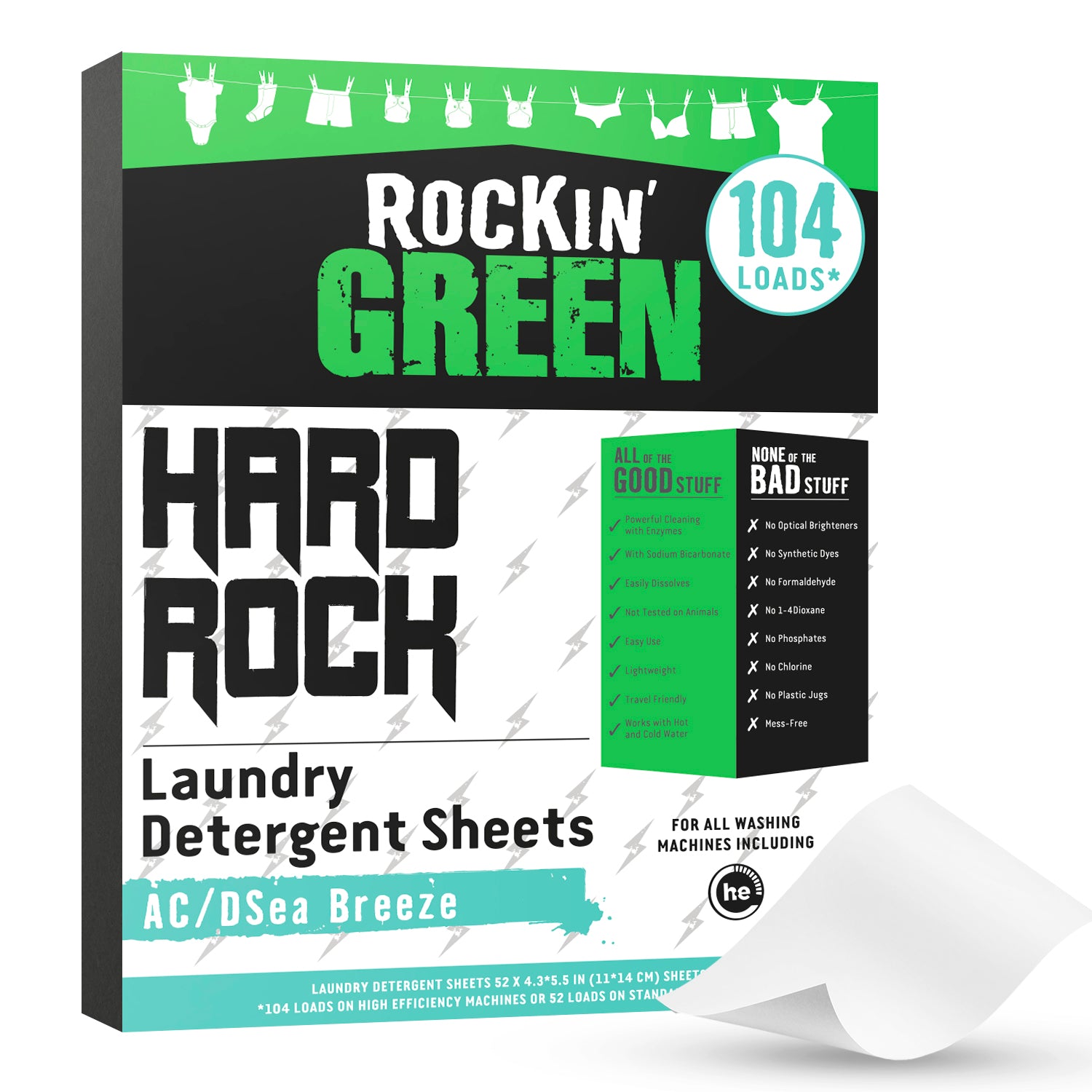 Laundry Detergent Hard Rock Sheets for Hard Water—Unscented, 104 loads, box front.