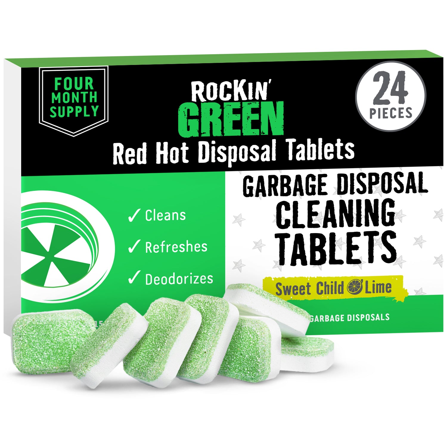 Rockin Green Garbage Disposal Cleaner (24 Tablets) ideal for deodorizing drains, tablets scattered in front.