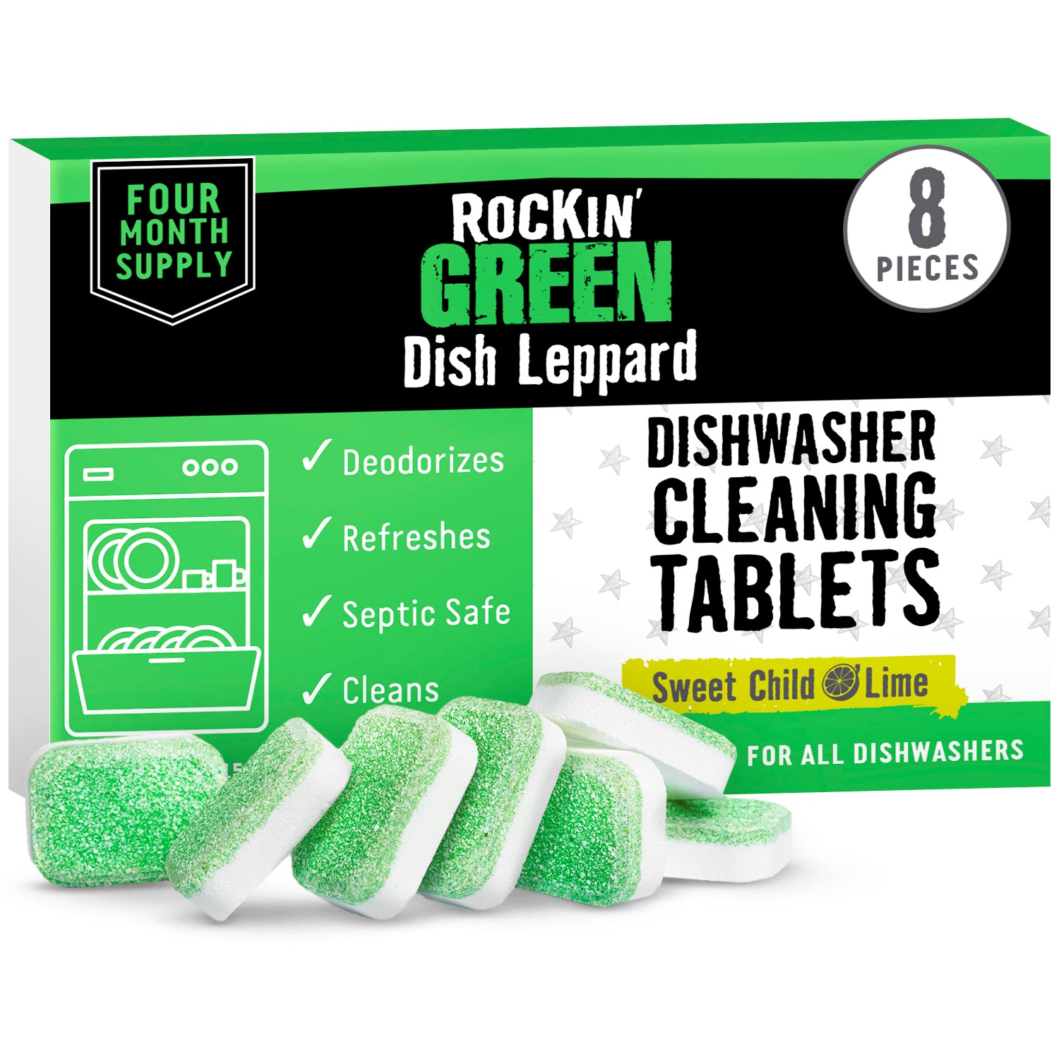 Box of Rockin Green Dishwasher Cleaning Tablets - 8 Pack with lime scent on display.