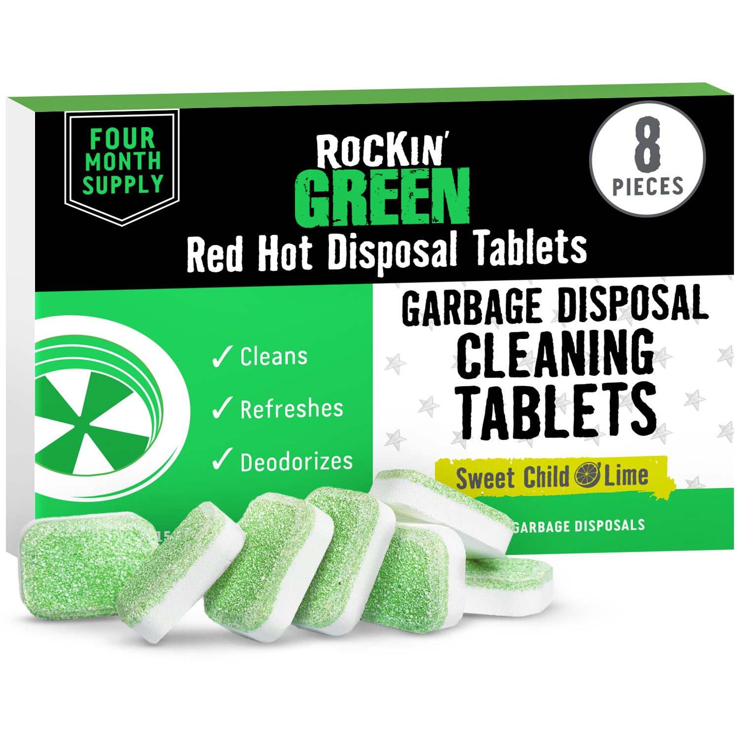 Box of Rockin Green Garbage Disposal Cleaning Tablets 8-Pack for kitchen drain deodorizing.