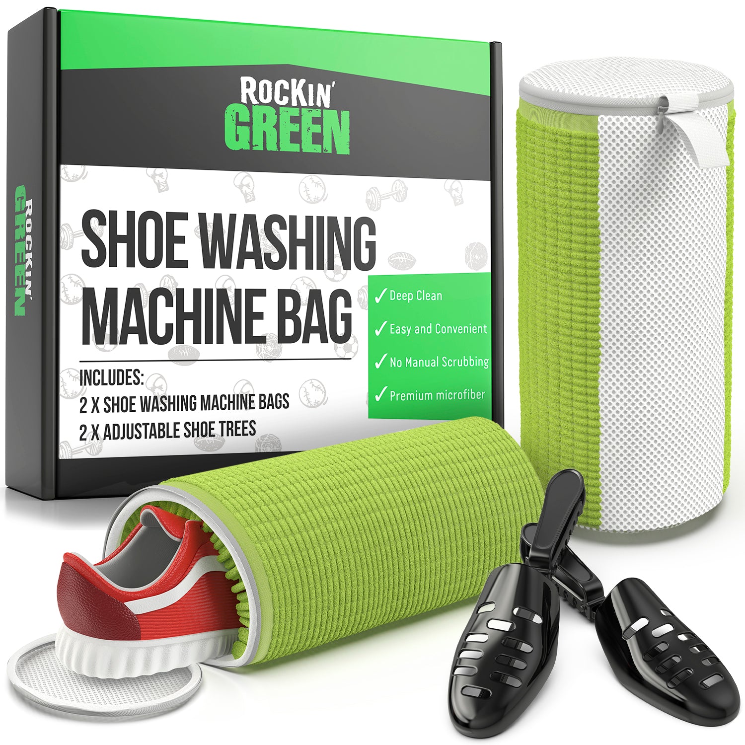 Rockin Green Shoe Washing Machine Bags with shoe trees, packaged in green.