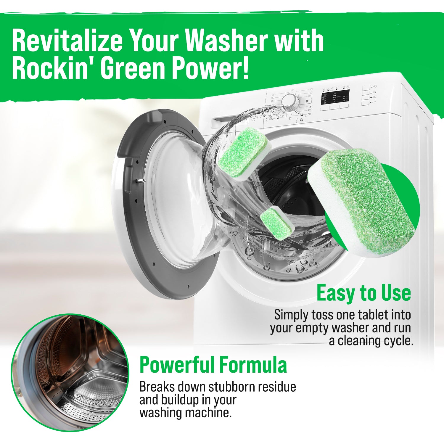 Rockin Greens Washing Machine Cleaning Tablets (8 Pack) offer powerful cleaning and easy laundry care.