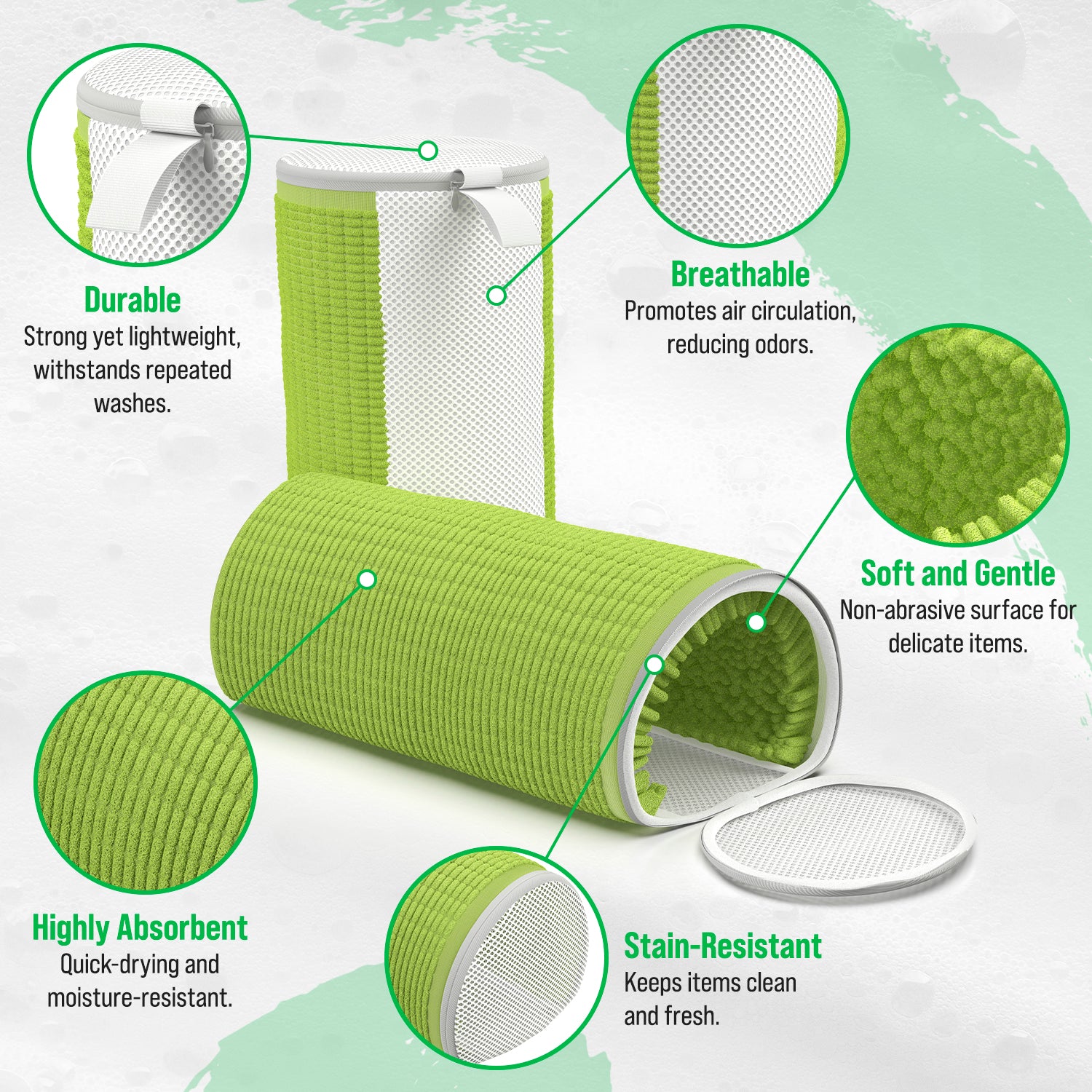 Green microfiber towel: durable, breathable, absorbent, soft, and stain-resistant like a Rockin Green bag.