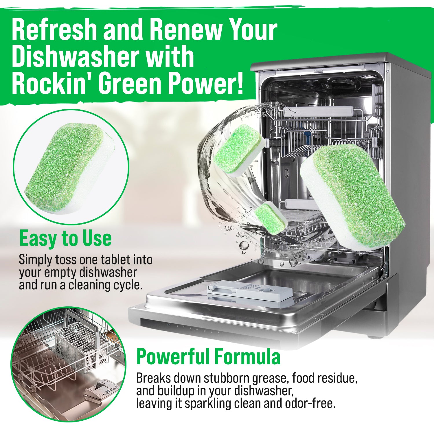 Rockin Green tablets, a powerful descaler, promise ease and a fresh dishwasher.
