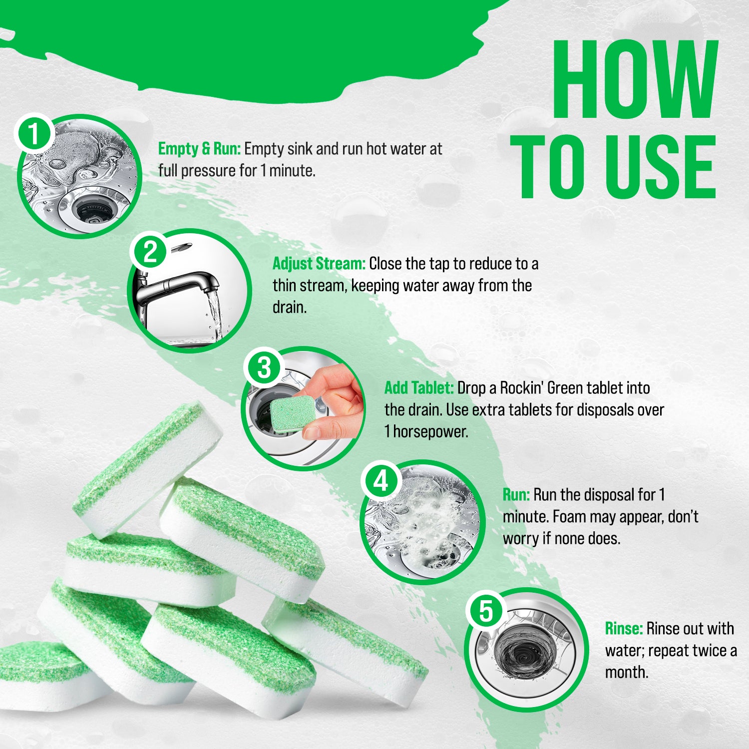 Instructions for Rockin Green Garbage Disposal Cleaner and Deodorizer with sink, faucet, and tablet images.