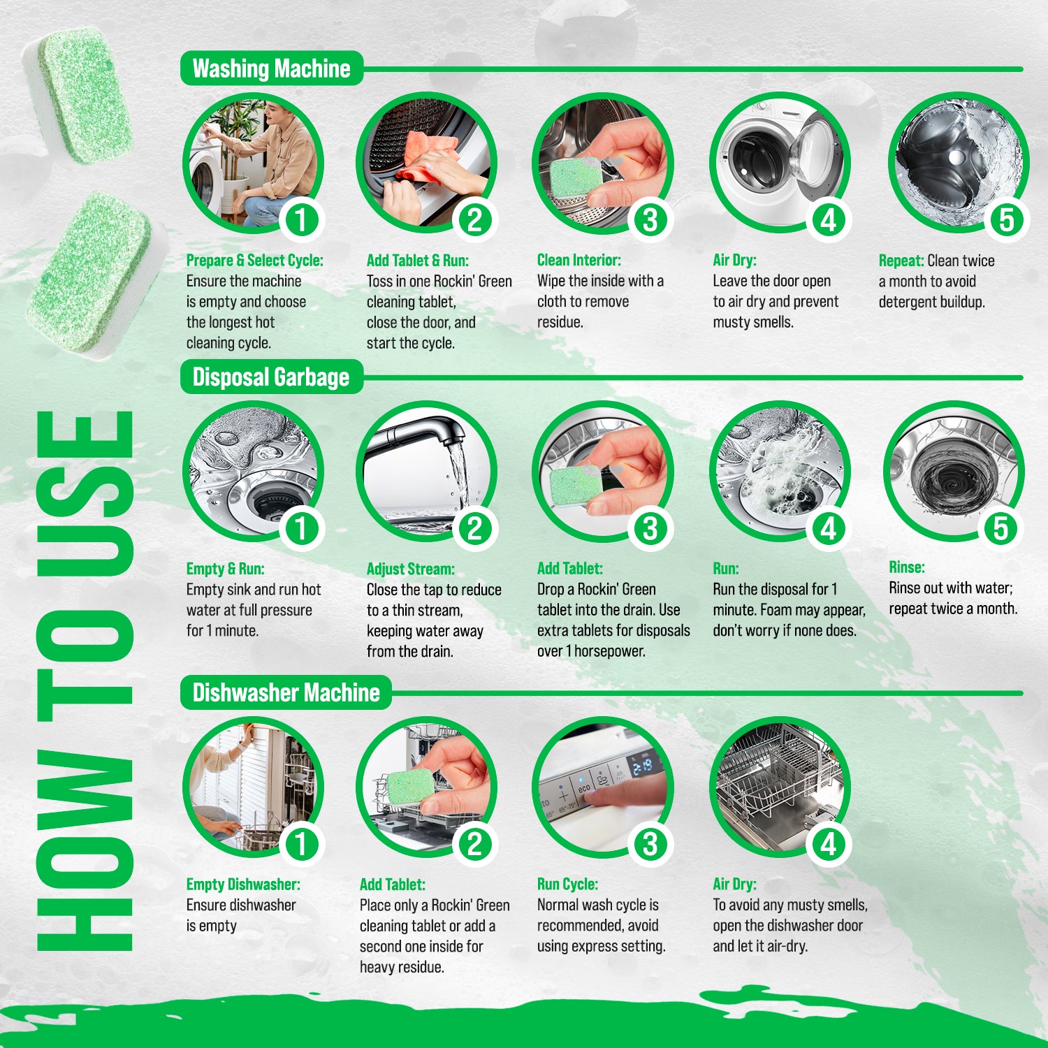How to use Rockin Green 24 Pack Tablets for washing machines, dishwashers, and garbage disposals.