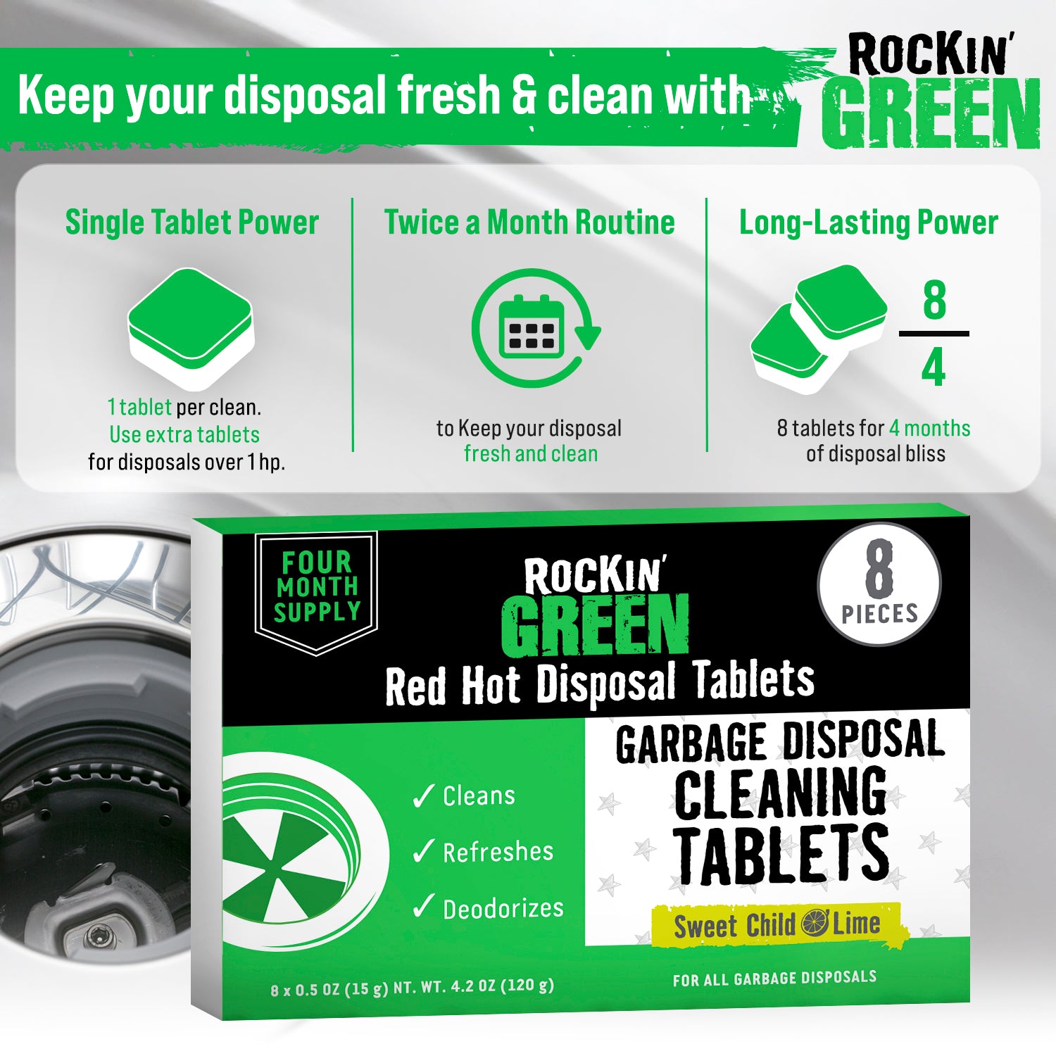 Rockin Green Garbage Disposal Cleaning Tablets, Lime Scent, 8-Pack with product features.