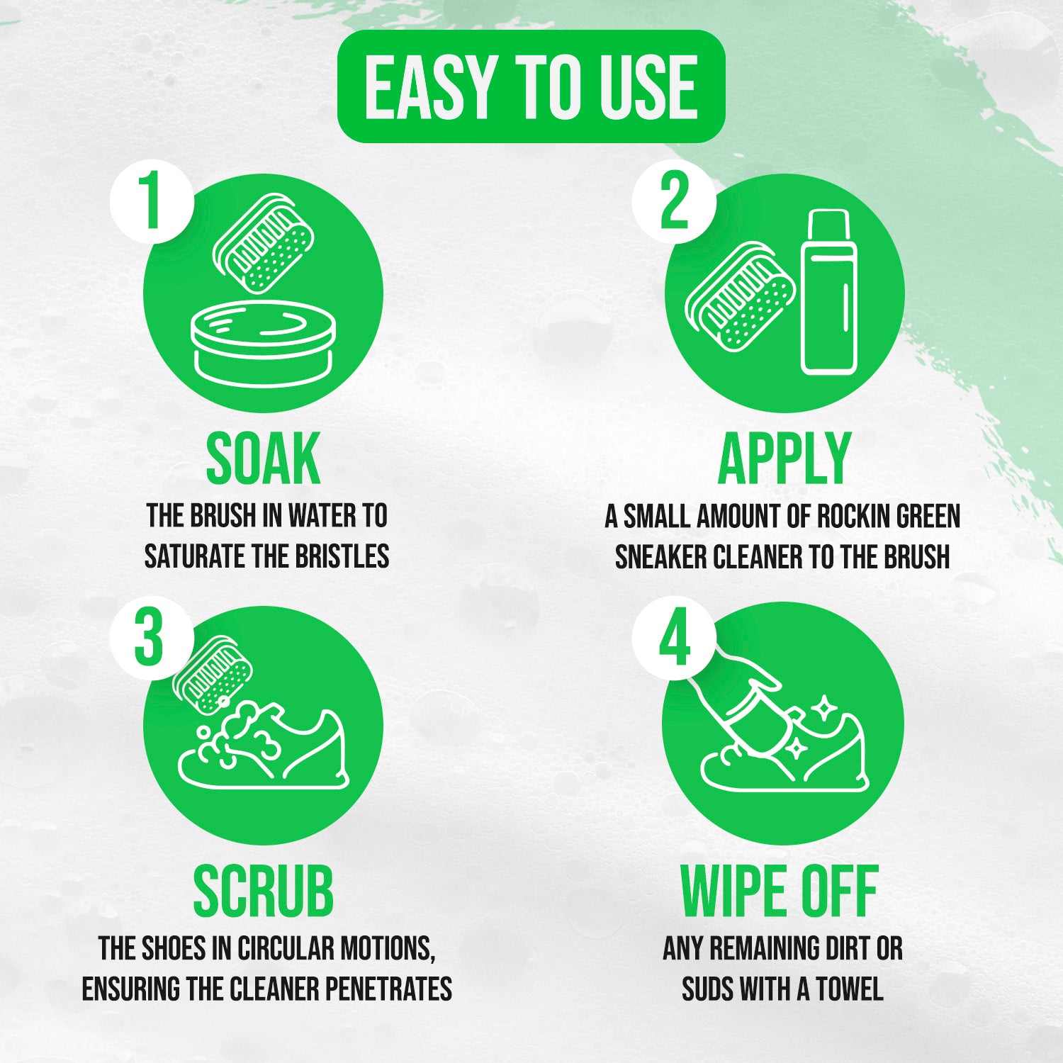 Easy steps for clean shoes: soak, use Rockin Green Shoe Cleaning Kit, scrub, and wipe.