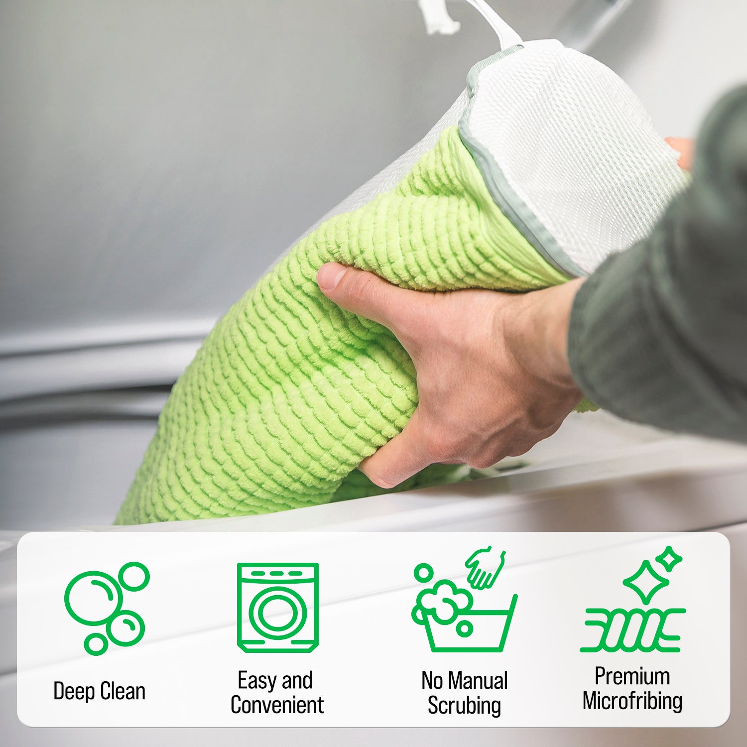 Hand placing a green microfiber pad into a washing machine with Rockin Green Shoe Washing Machine Bag.