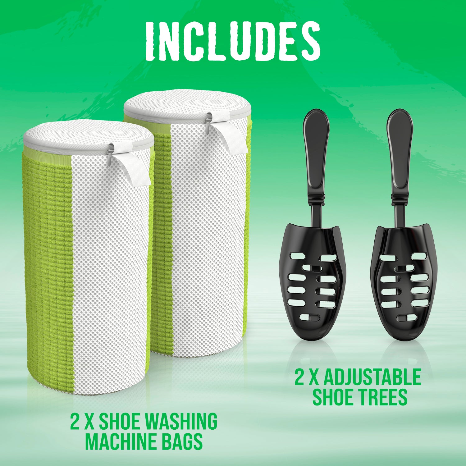 Two Rockin Green shoe washing bags and two adjustable shoe trees on a green background.