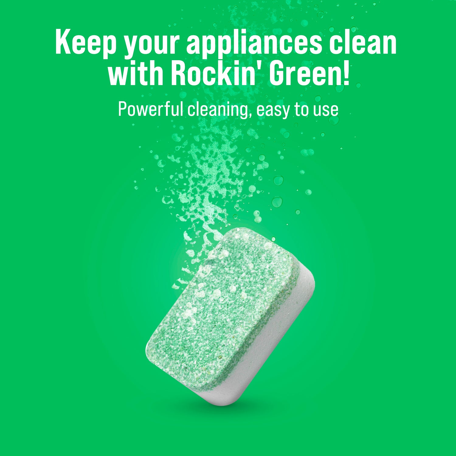 Rockin Green cleaning tablets are promoted as top appliance cleaners on a vibrant green background.