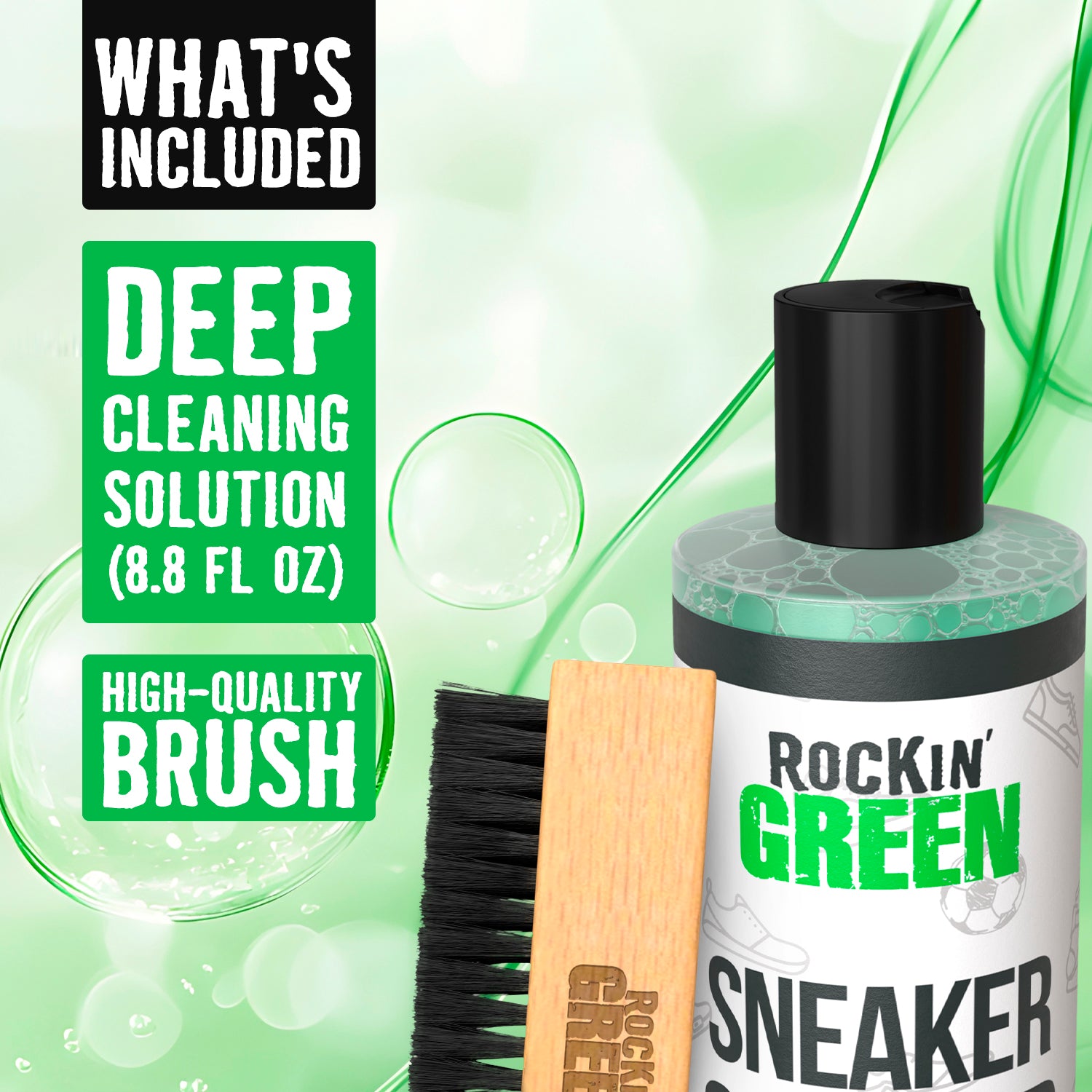 Rockin Green Shoe Cleaning Kit, includes brush and solution, on green bubble-patterned backdrop for suede shoes.