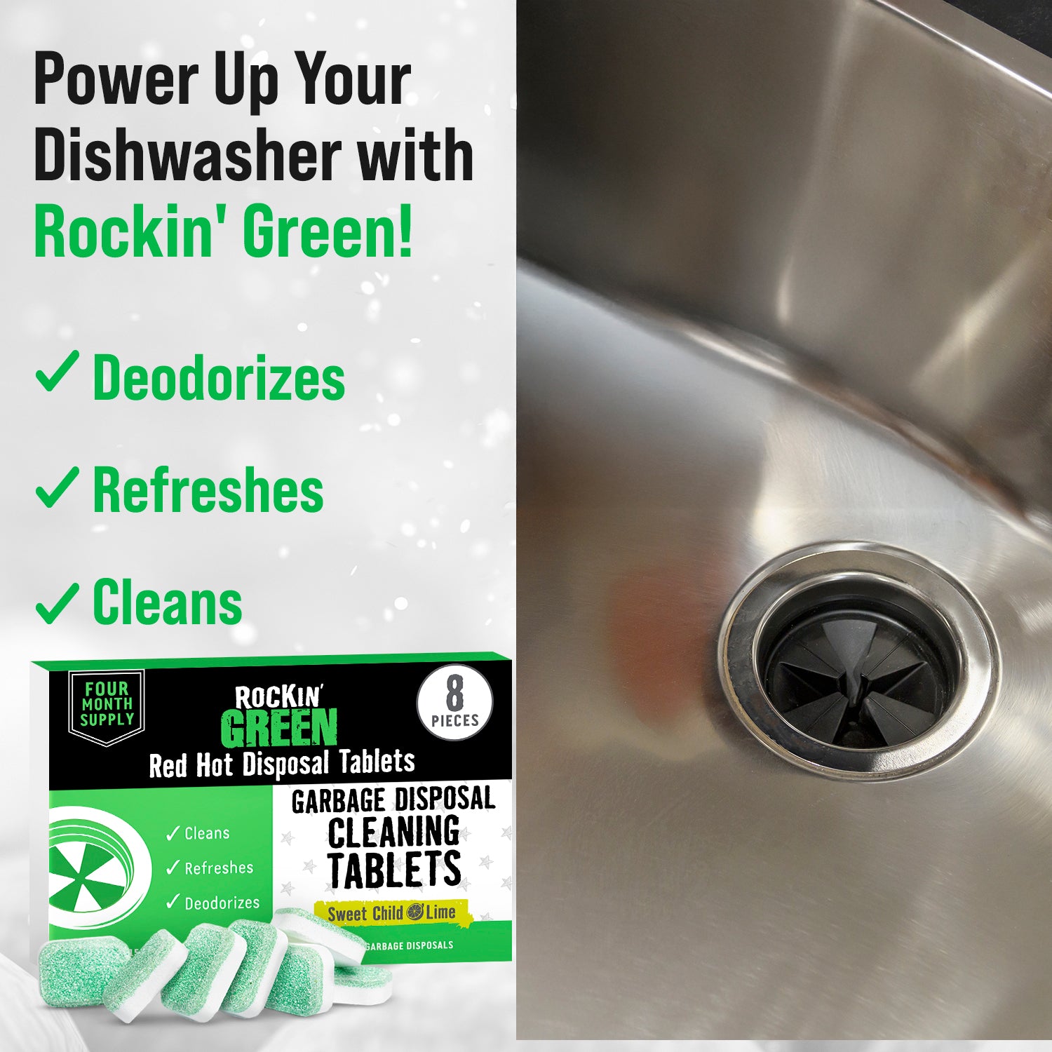 Rockin Green Tablets: Deodorizes, Refreshes, Cleans.