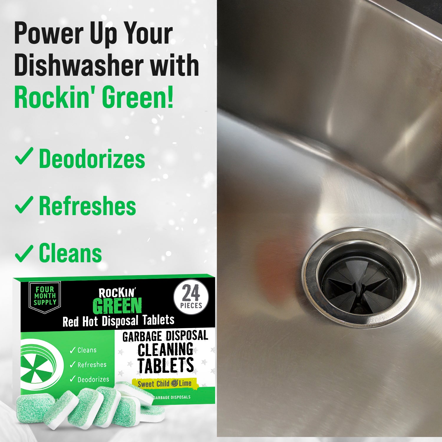 Rockin Greens Garbage Disposal Cleaner (24 Tablets) deodorizes and refreshes your kitchen drain.