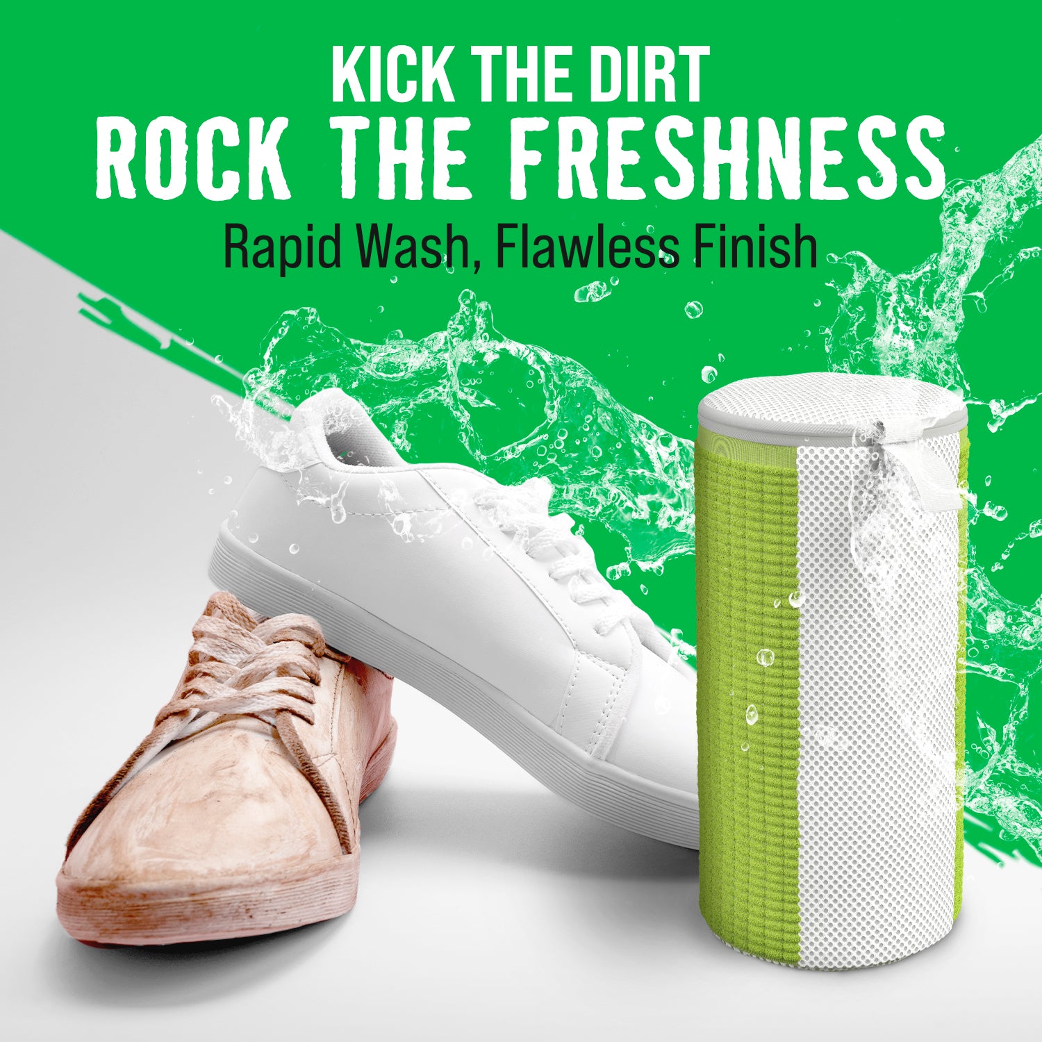 Dirty and clean sneakers with Rockin Green washing product on a water-splashed Shoe Washing Machine Bag.