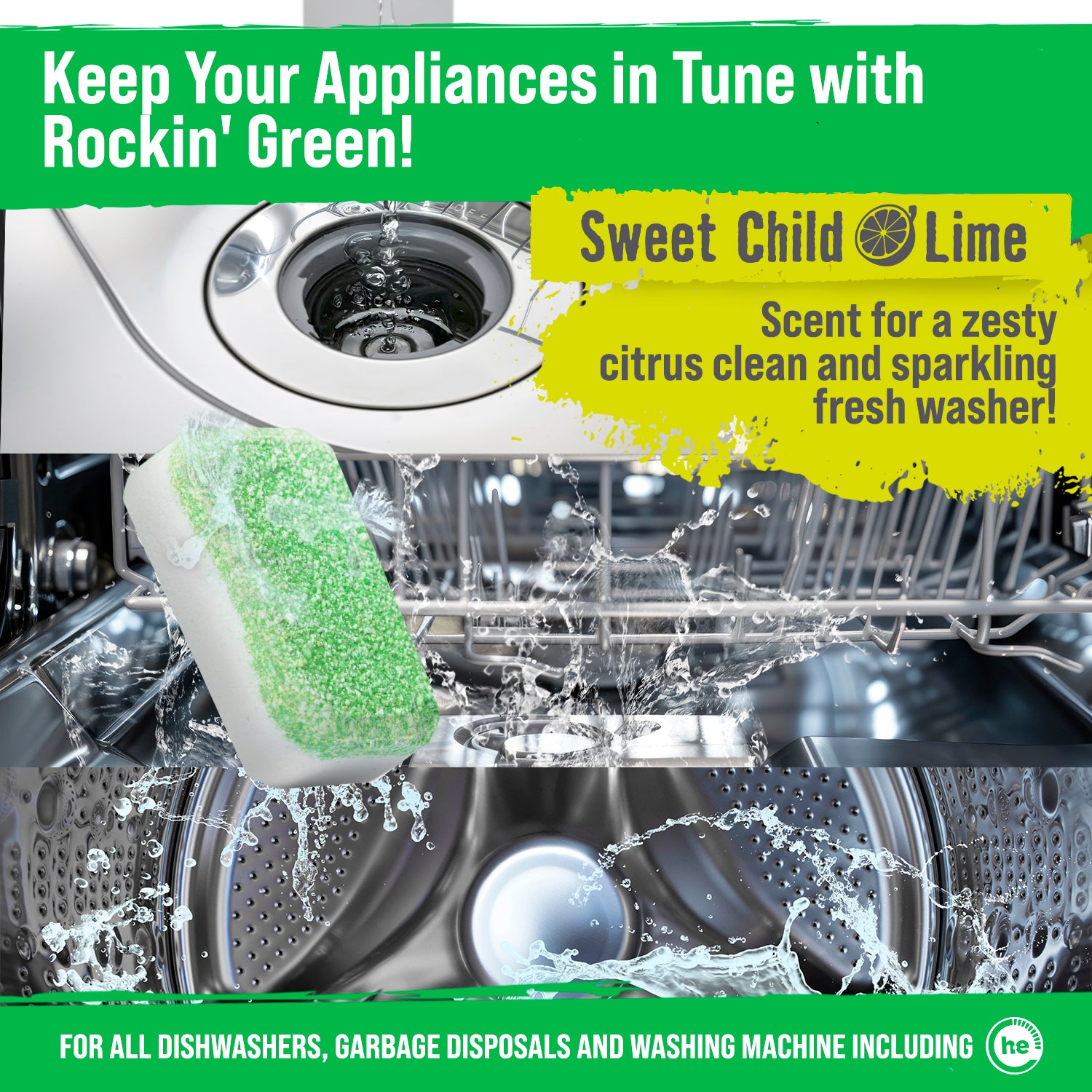 Sweet Child Lime by Rockin Green: Cleaner tablets for dishwashers, washing machines, and disposals (24 pack).