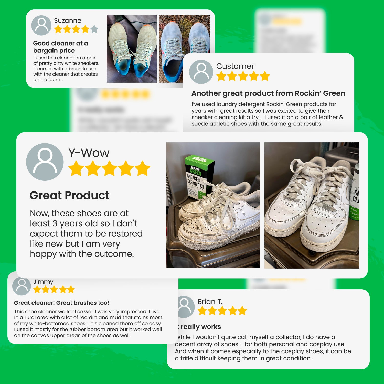 Collage of Rockin Green Shoe Cleaning Kit reviews and photos showing before-and-after transformations.