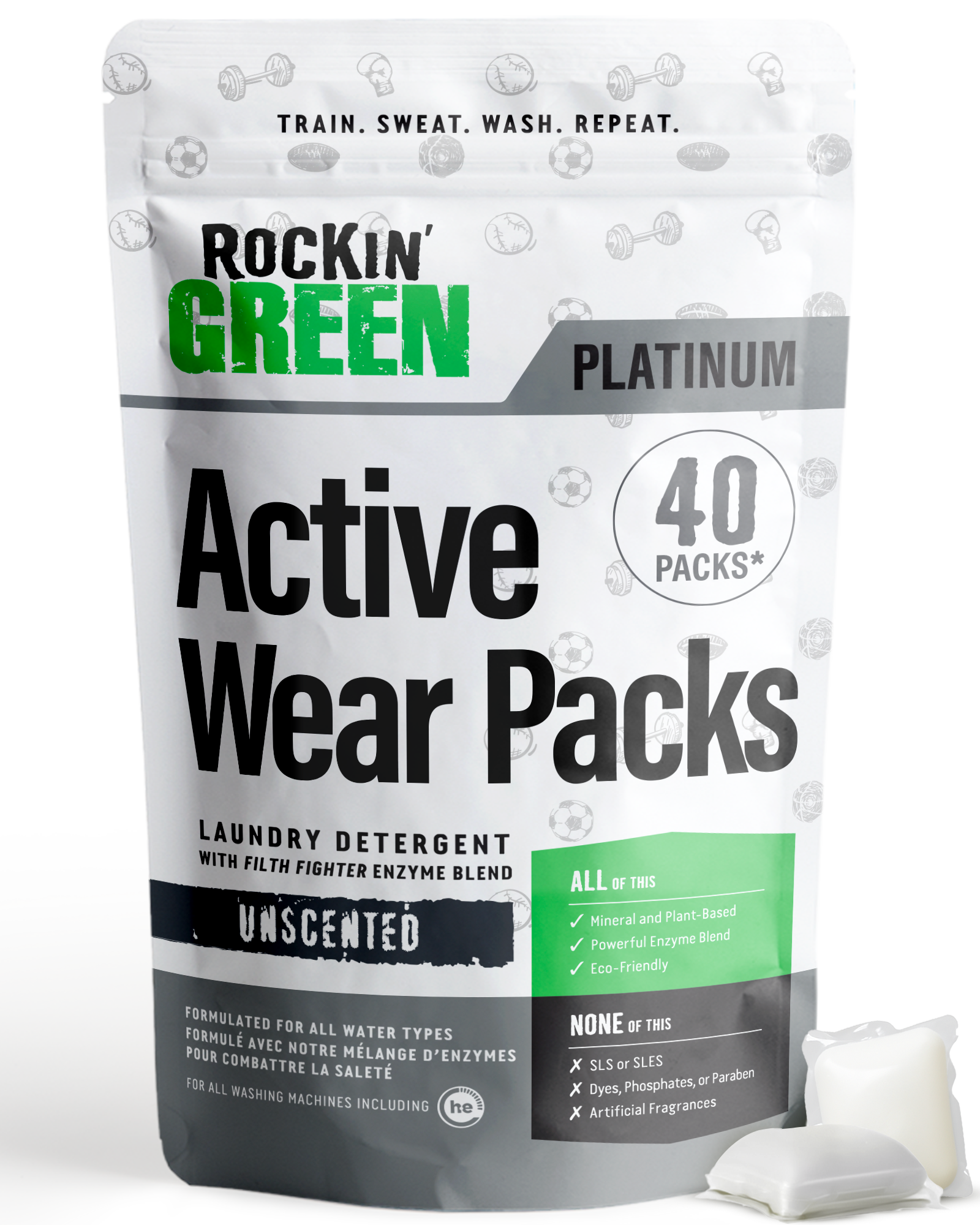 Rockin Green Active Wear Laundry Detergent PODs (40): Unscented, perfect for sensitive skin.