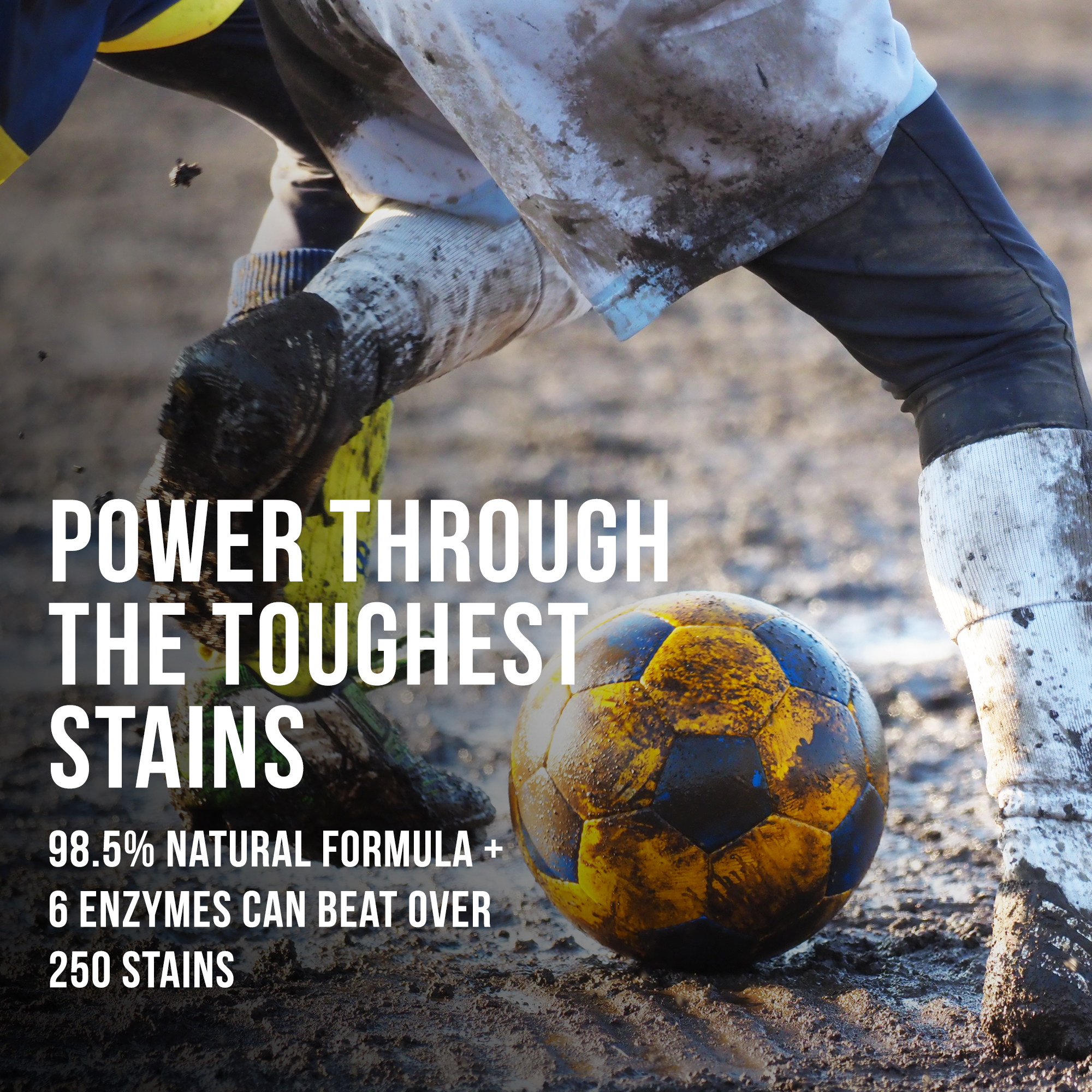 Soccer player with muddy ball, text promoting Rockin Greens 98.5% plant-based Activewear Stain Remover.