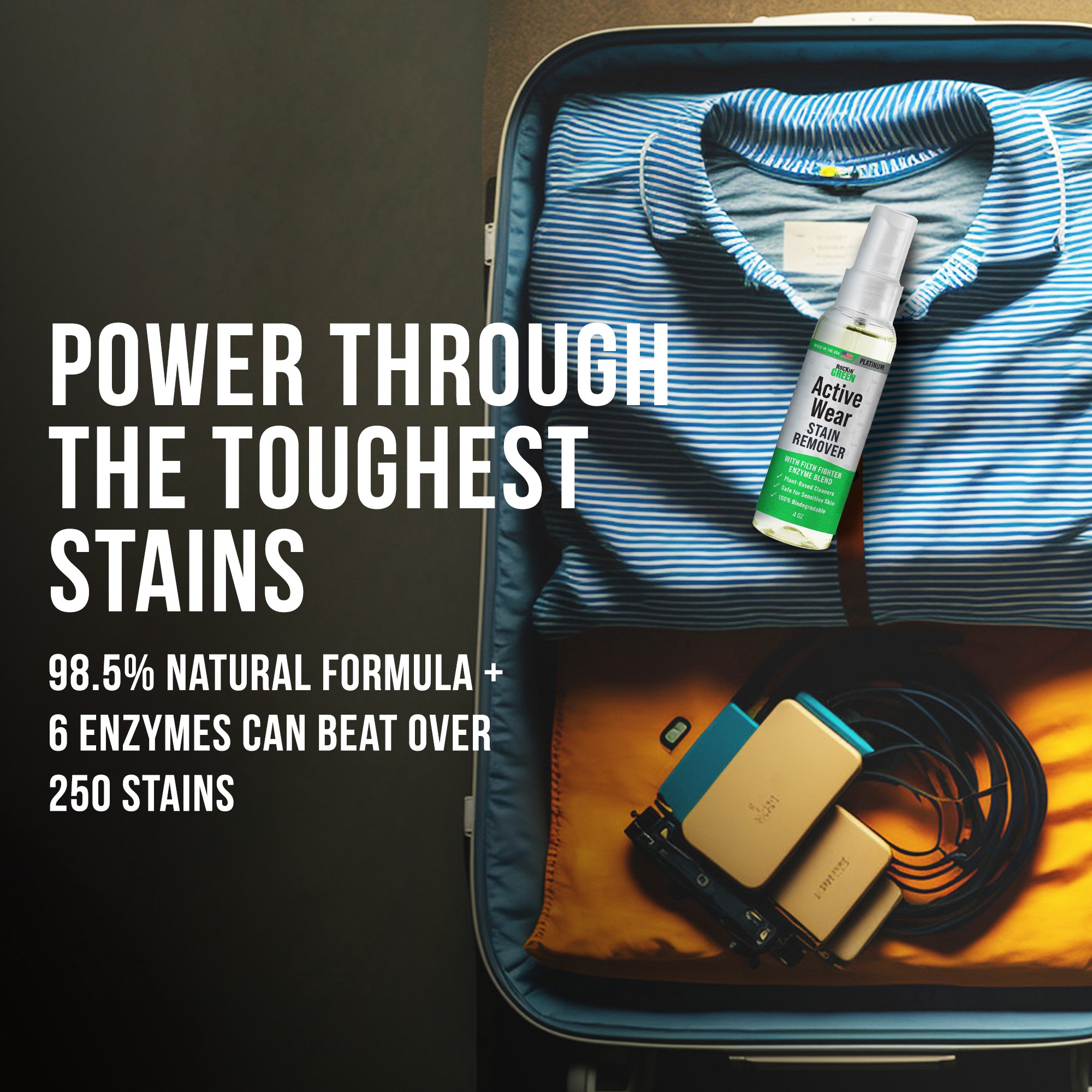 Open suitcase with folded clothes, Rockin Green Activewear Stain Remover, and dark socks.