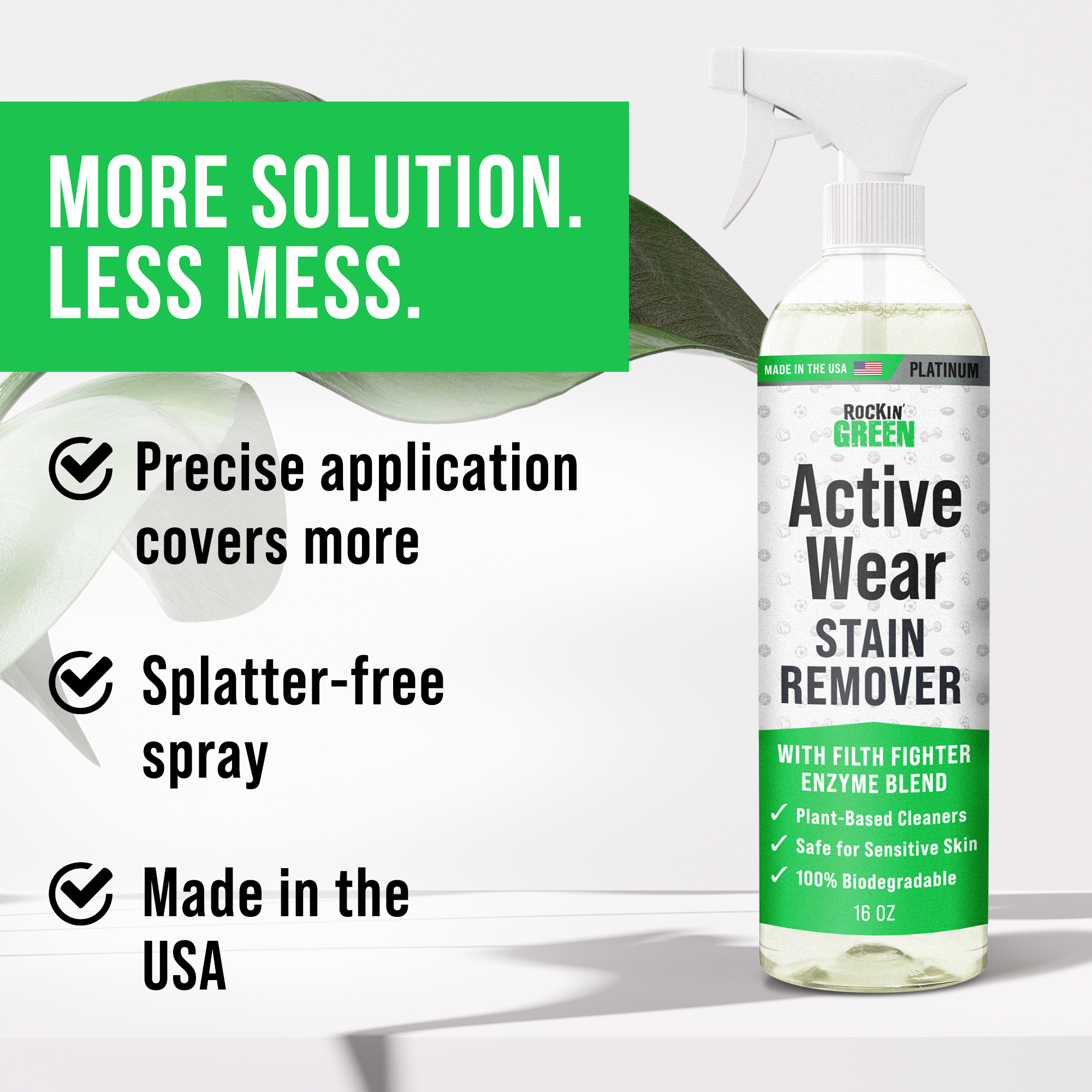 Rockin Greens Activewear Stain Remover - plant-based, 16 Oz spray on a leaf background.